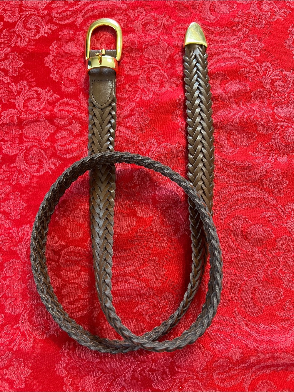 Women's XL Brown Braided Genuine Leather Belt Gold Tone Buckle Woven